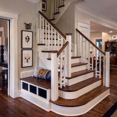 Remodeled open stairs with built-in bench  