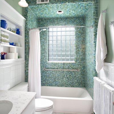 blue and green glass tile shower