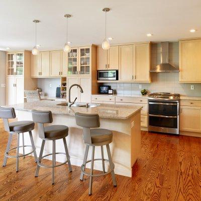residential kitchen renovation island and with sink and stools Wilcox Architecture